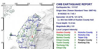 Več kot 70 popotresnih sunkov po potresu z magnitudo 6.8 na vzhodu Tajvana Foto: CNA, Osrednji meteorološki urad.