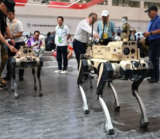 INTERVJU/Tajvan potrebuje večplastno obrambo pred kitajskimi »robotskimi volkovi« Dva štirinožna robota, razstavljena v vojaški razstavni dvorani na Mednarodnem letalskem in vesoljskem sejmu na Kitajskem leta 2024. Foto: China News Service.